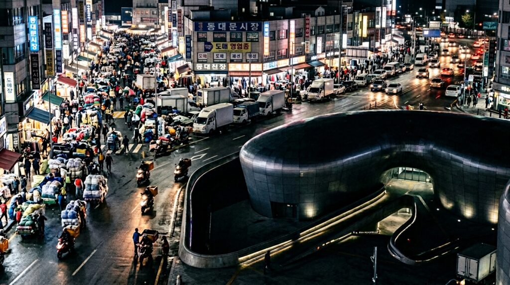 어두워진 동대문디자인플라자 그리고 화려한 밤거리 한국 패션 중심지의 엇갈린 풍경
