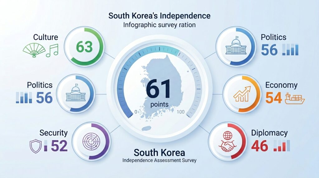 우리나라의 진짜 독립 수준은? 외교분야 46점으로 가장 낮아 · 문화영역 63점 최고점 기록