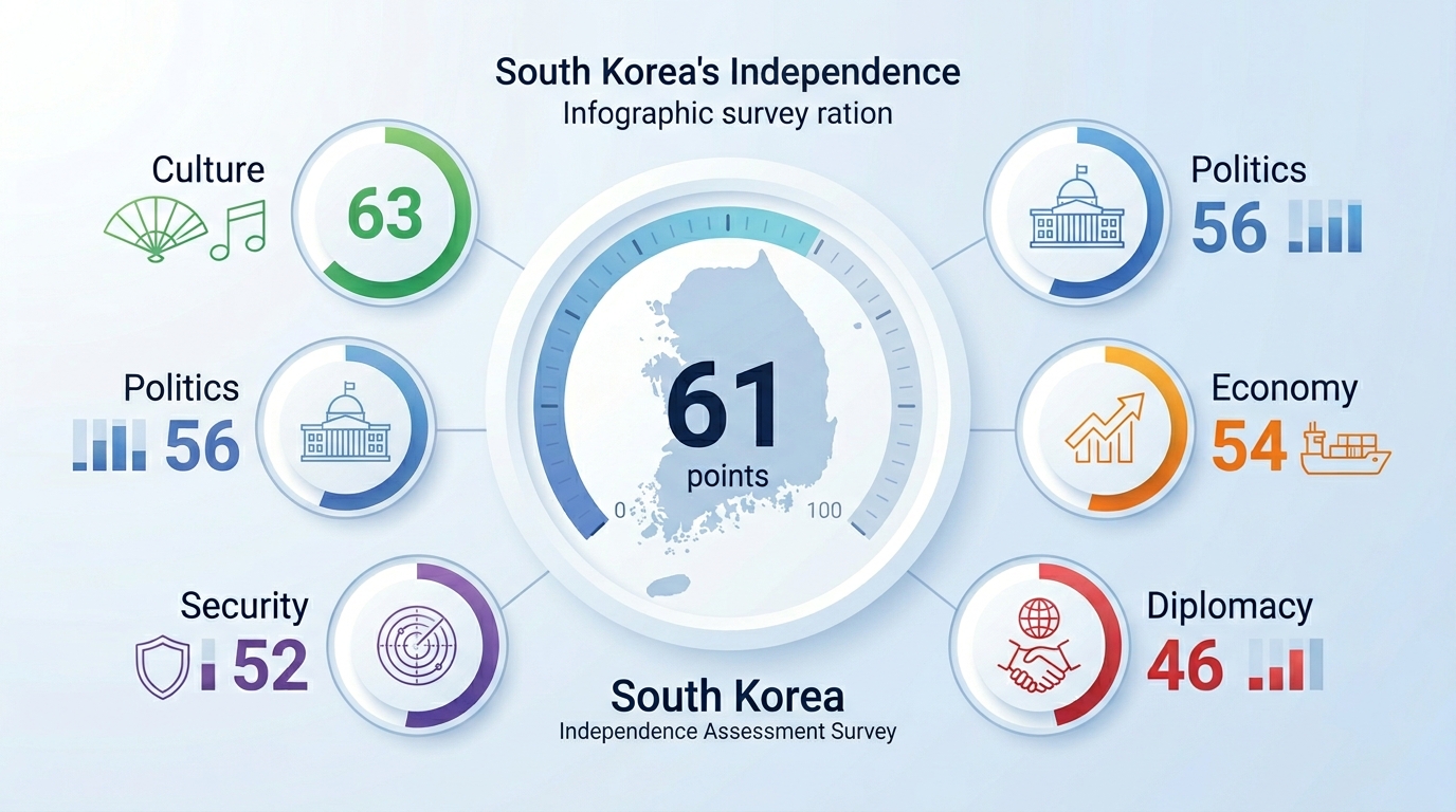 우리나라의 진짜 독립 수준은 외교분야 46점으로 가장 낮아 · 문화영역 63점 최고점 기록