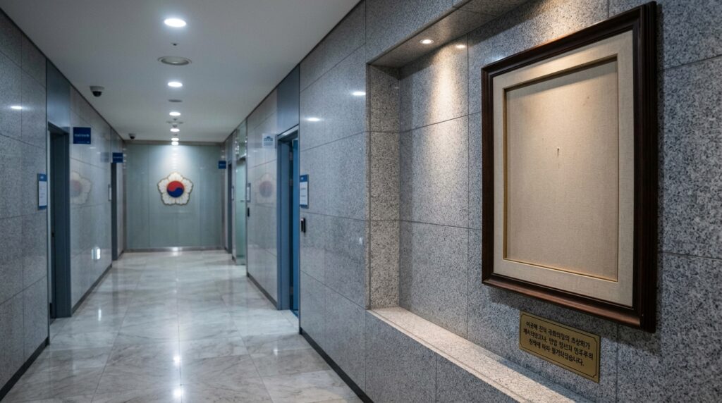 국회 지하 복도 계엄 당시 진입 경로 윤석열 대통령 사진 철거 → 이전 대통령 초상으로 교체 전시
