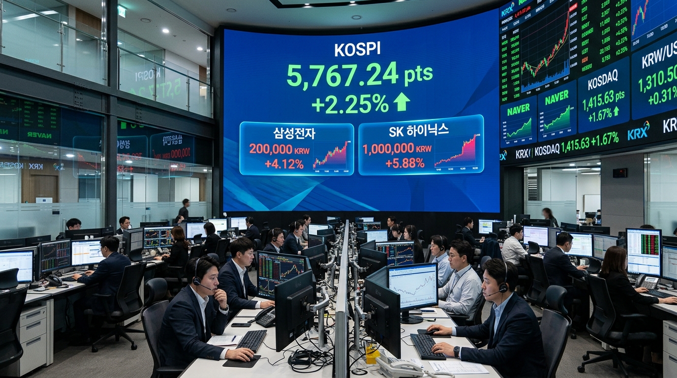 <span style="font-size: 18px; color: #c41e3a; font-weight: bold;">코스피 5700선 탈환</span> <span style="font-size: 16px; color: #2c5aa0;">삼성전자 20만원대·SK하이닉스 100만원대 복귀</span>