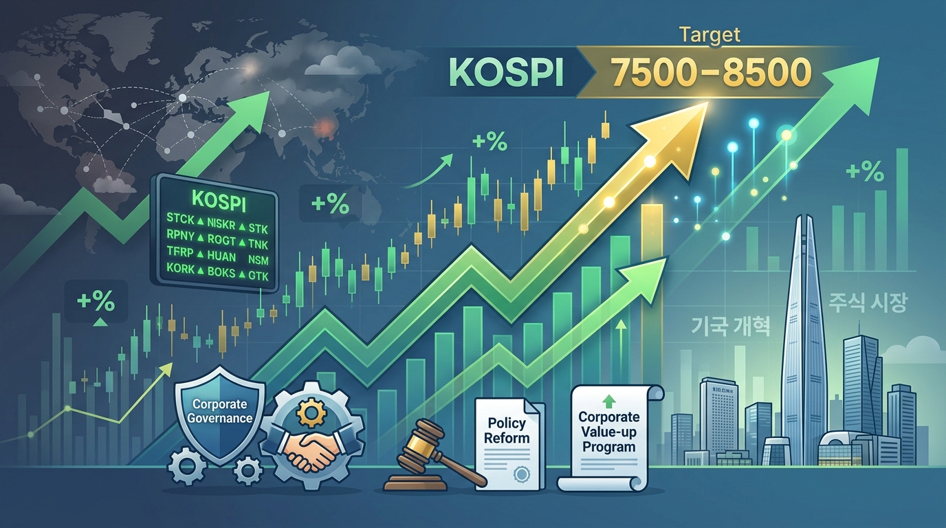 <span style="font-size: 18px; color: #1a5490; font-weight: bold;">모건스탠리의 예측</span> <span style="font-size: 16px; color: #2d5016;">향후 24개월 안에 코스피 8500 도달 전망</span> <span style="font-size: 14px; color: #666666;">단, 한국 기업들의 지배구조 혁신이 지속되어야 가능</span>