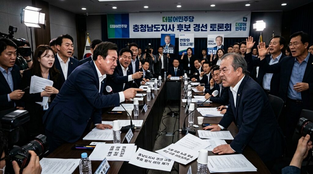 충청남도 지사 선거 경쟁 규칙을 둘러싼 민주당 후보 간 치열한 대립