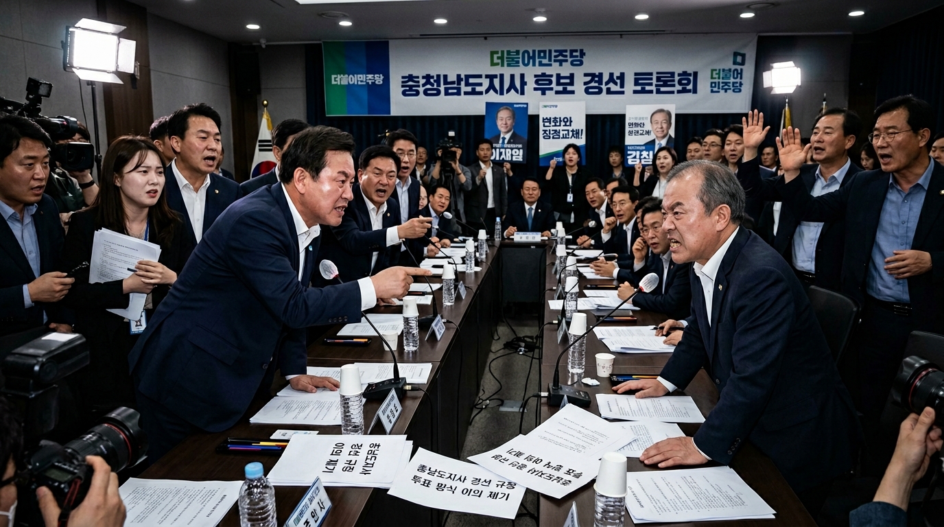 충청남도 지사 선거 경쟁 규칙을 둘러싼 민주당 후보 간 치열한 대립